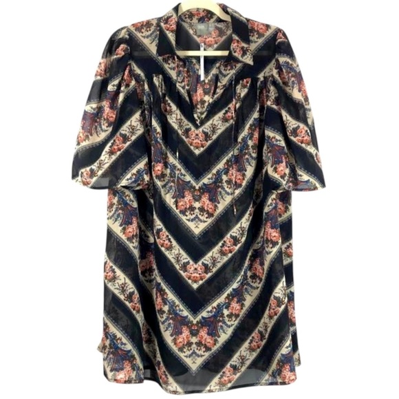 New ASOS Floral Stripe Print Puff Sleeve Sheer Mini Dress Black Multi Size 8 - Picture 1 of 16